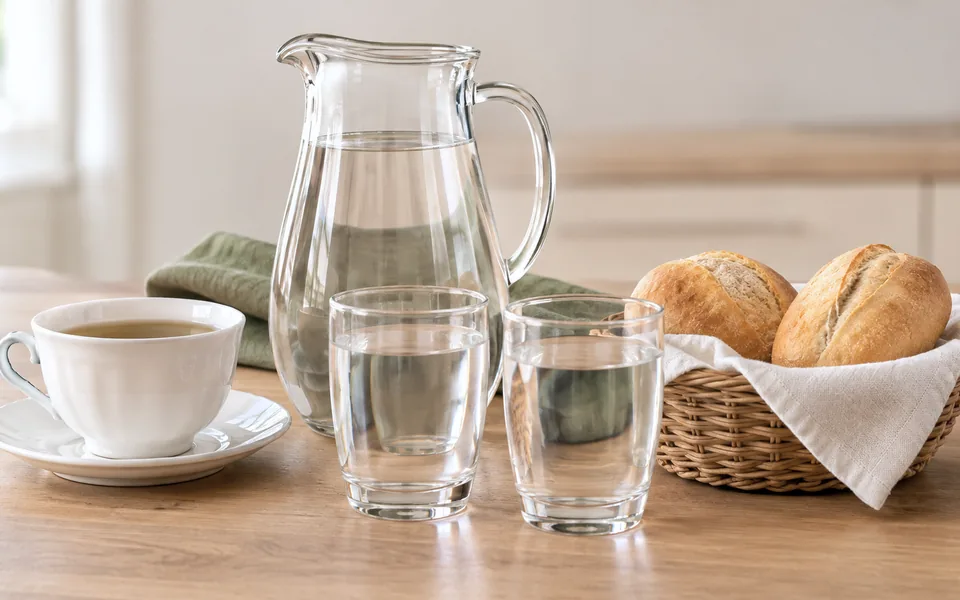 Jarra e copos de vidro com água sobre uma mesa de madeira, ao lado de uma xícara de chá e uma cesta de pães