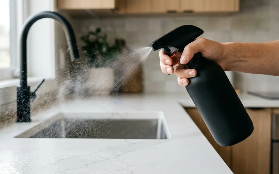 Mão borrifando água com um frasco preto sobre a bancada de uma cozinha clara, com a torneira ao fundo